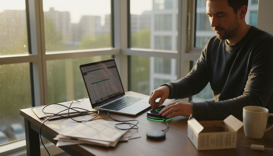 Man placing phone on magnetic charging pad