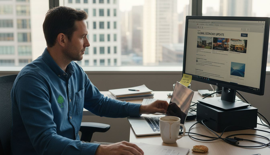 Man connecting laptop to docking station