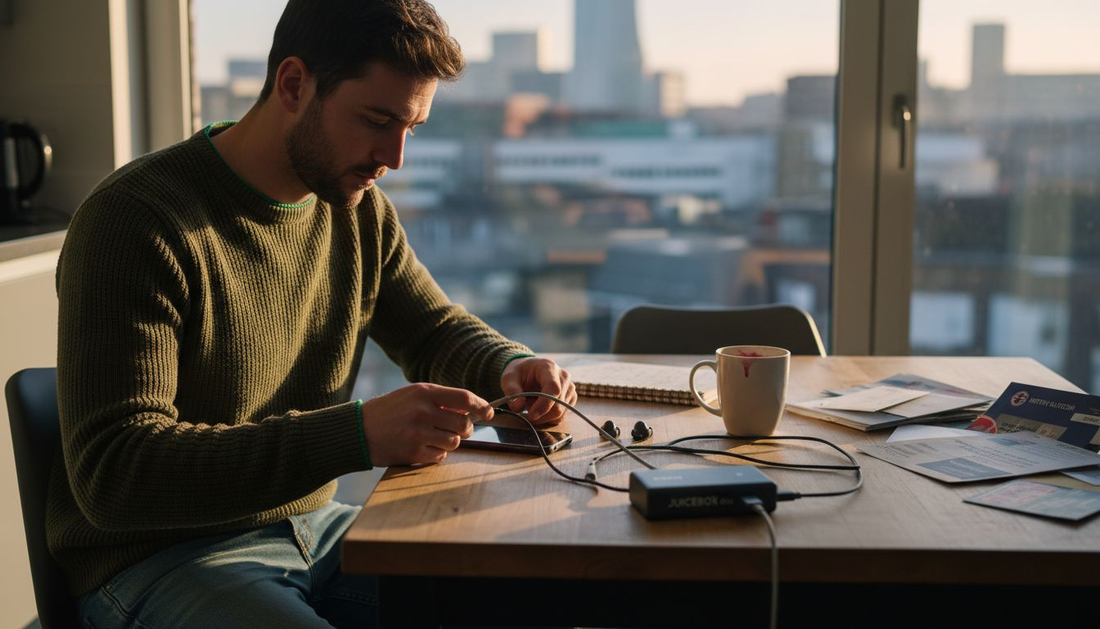 Man organizes portable charging at kitchen table