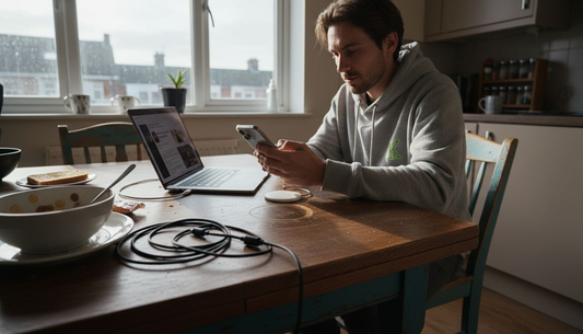 Person charging iPhone and MacBook with MagSafe