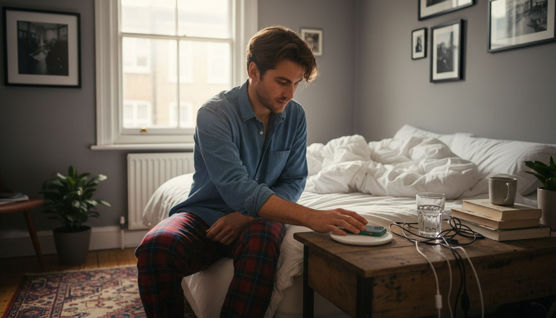 Man places phone on wireless charger bedside