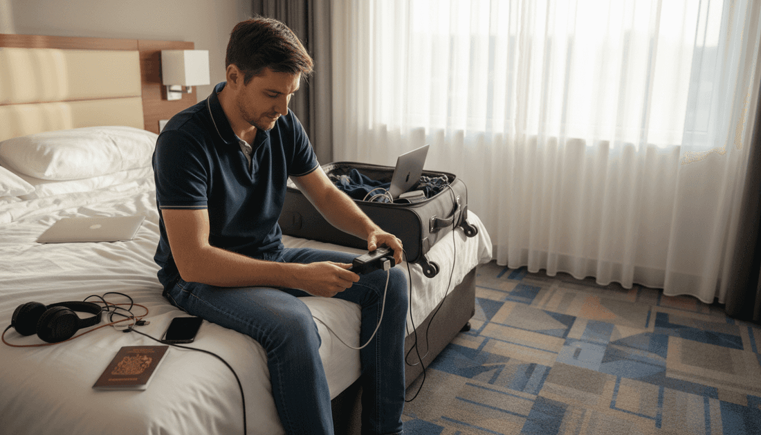 Traveler using universal travel charger in hotel
