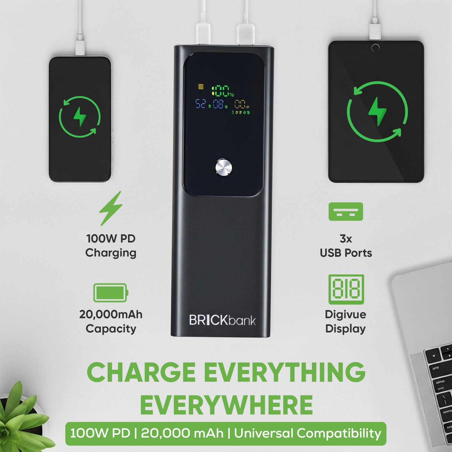 Brickbank 100W PD, 20,000mAh 3xUSB Powerbank with Digivue Display