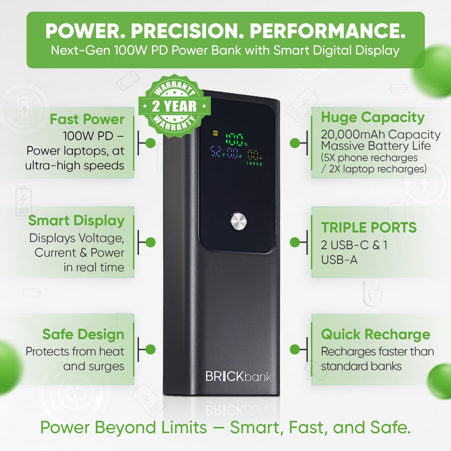 Brickbank 100W PD, 20,000mAh 3xUSB Powerbank with Digivue Display