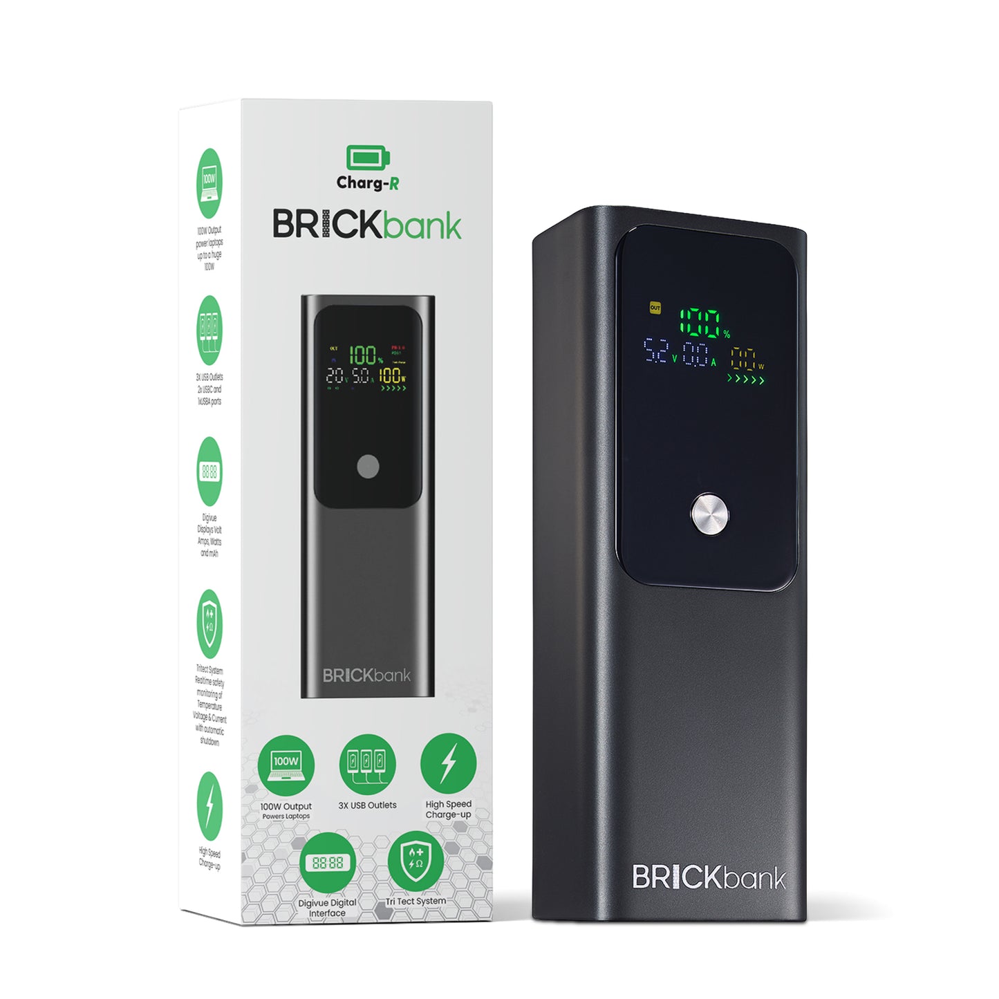 Brickbank 100W PD, 20,000mAh 3xUSB Powerbank with Digivue Display