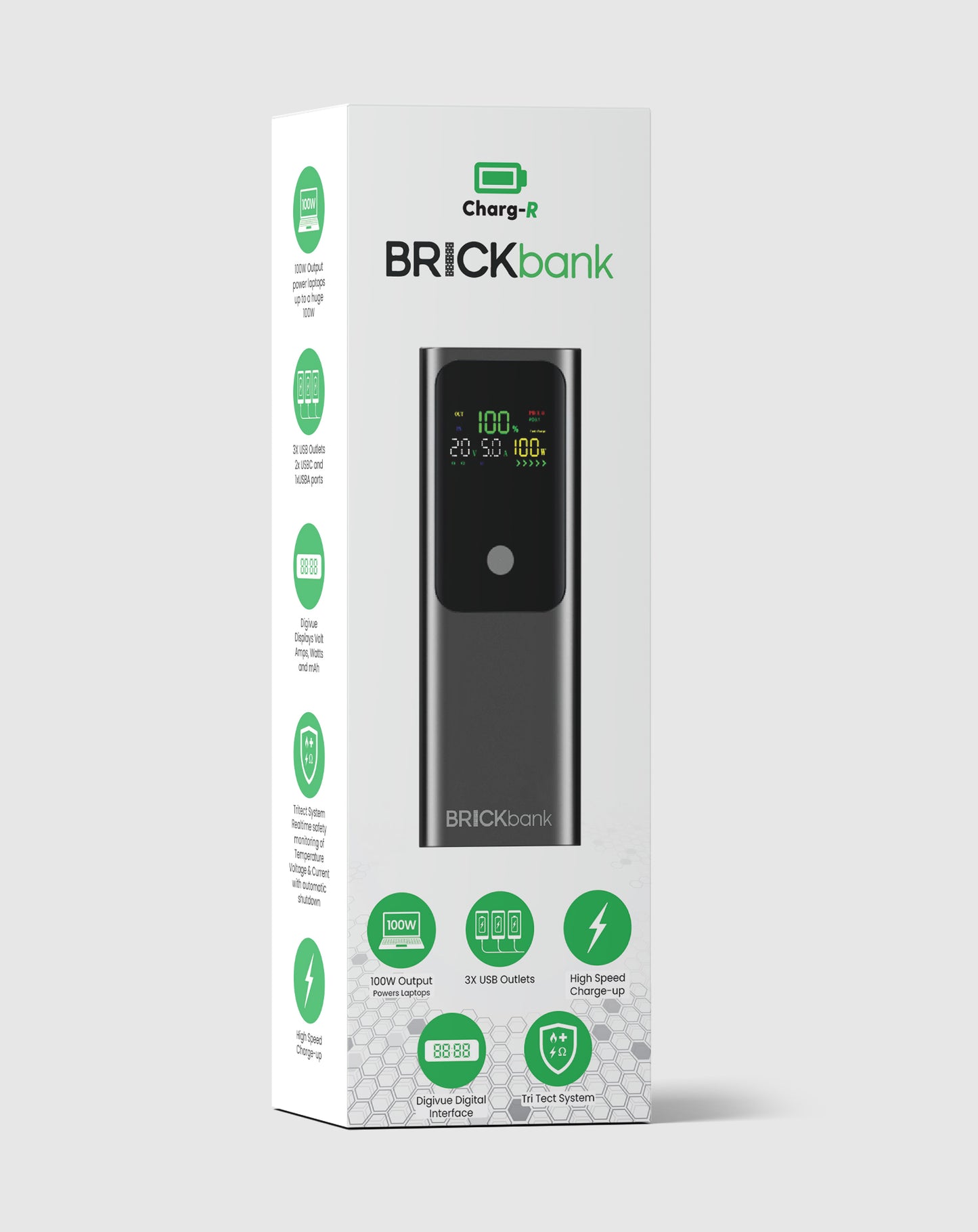 Brickbank 100W PD, 20,000mAh 3xUSB Powerbank with Digivue Display