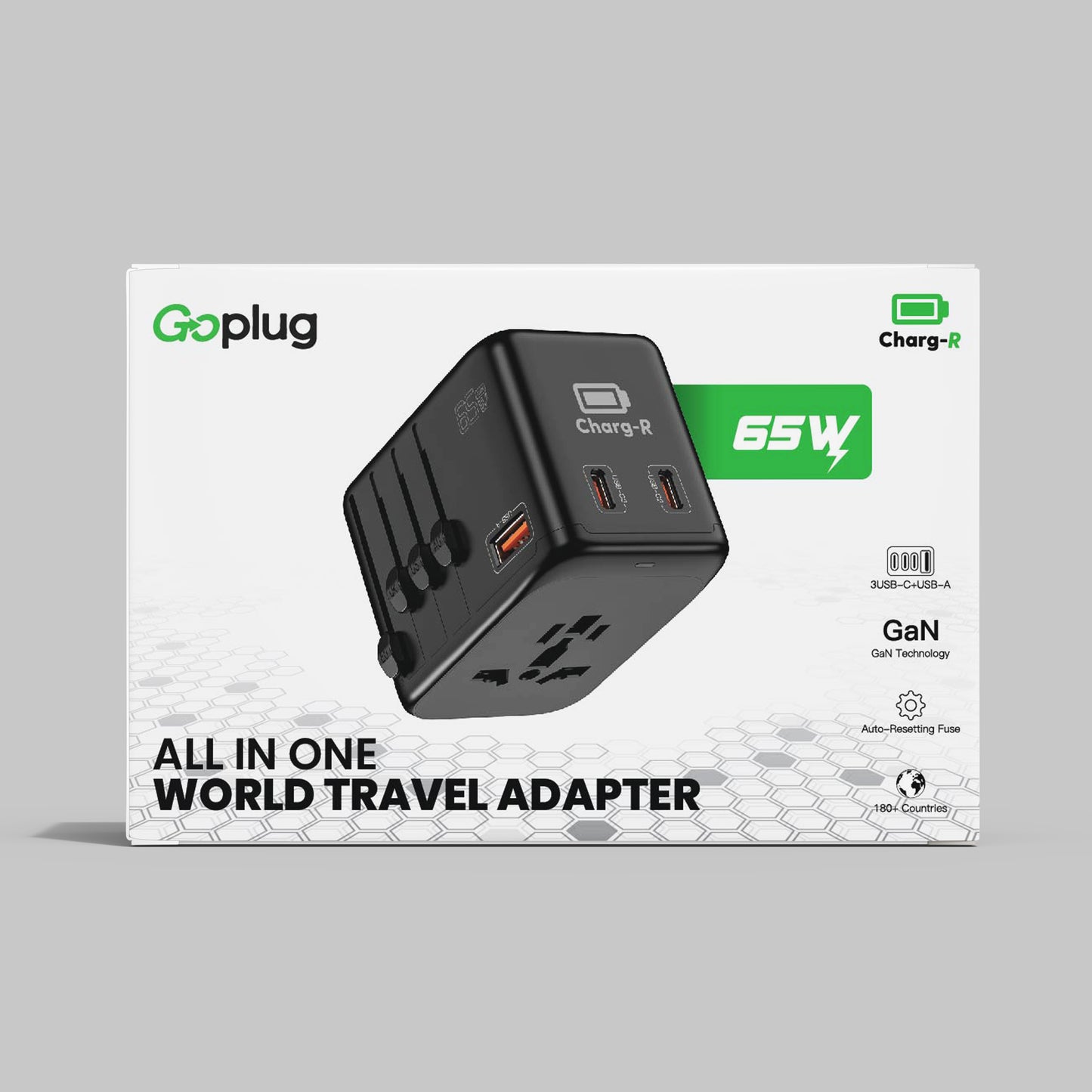 GoPlug Travel adapter plug with 65W 4XUSB Outlets and Automatic Resetting Fuse